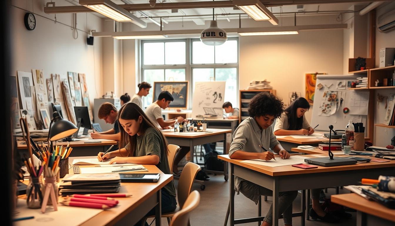 Students studying together in modern classroom
